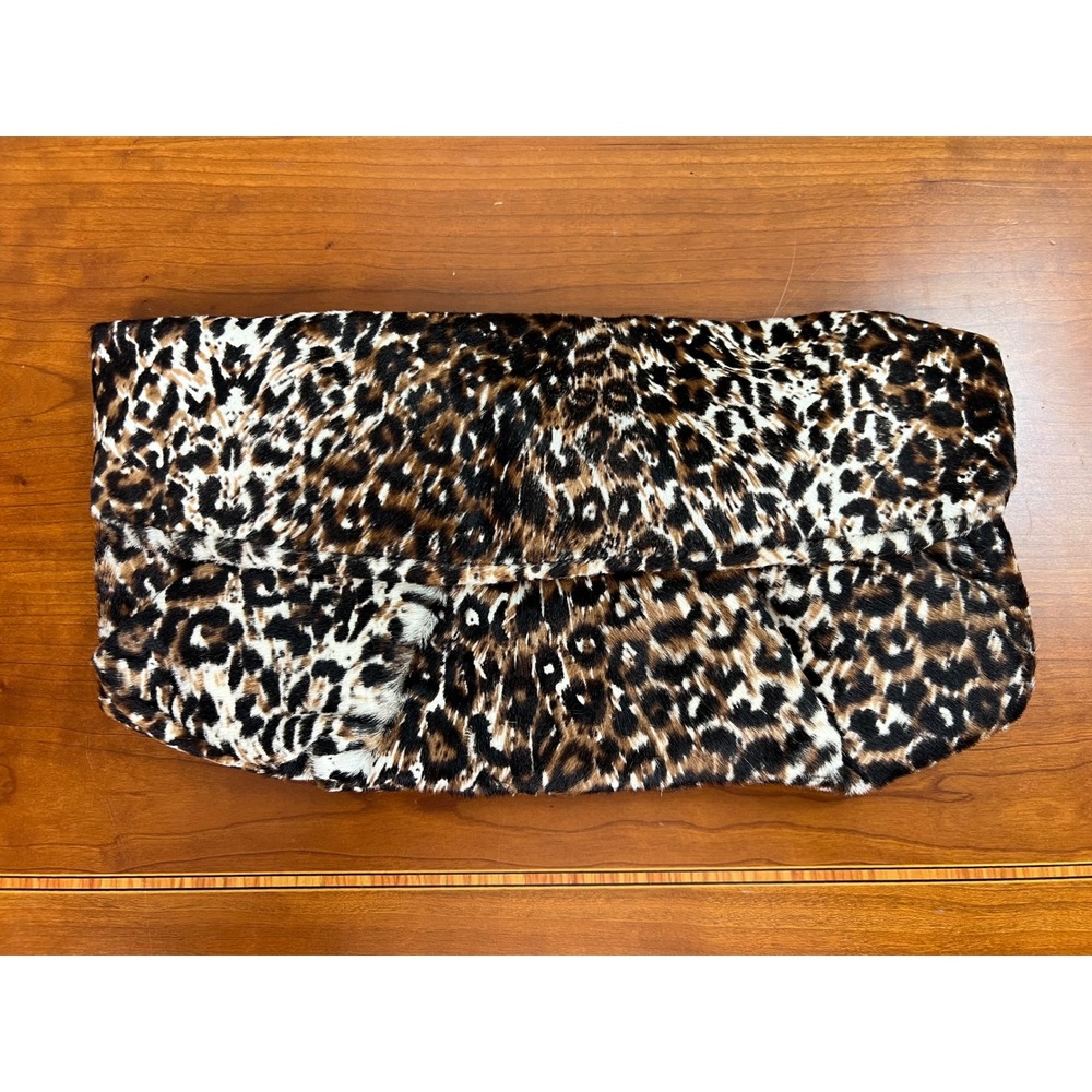 Elie Tahari Leopard Print Calf Hair Oversized Foldover Clutch Bag Brown Orange